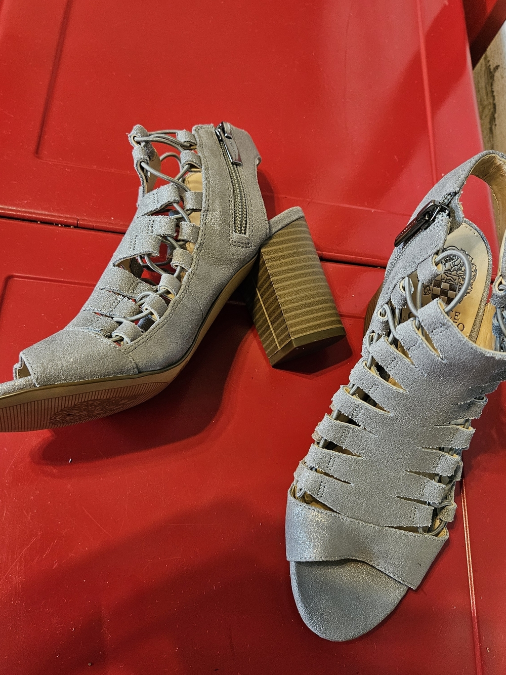 Vince Camuto Gray Suede Strappy Block Heel Sandals 7